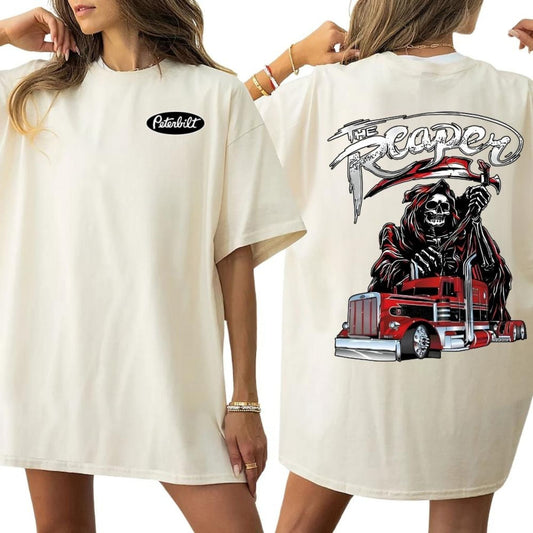 The Reaper Peterbilt Truck T-Shirt - Two-Sided Red Skull Graphic, Patriotic USA Trucker Tee